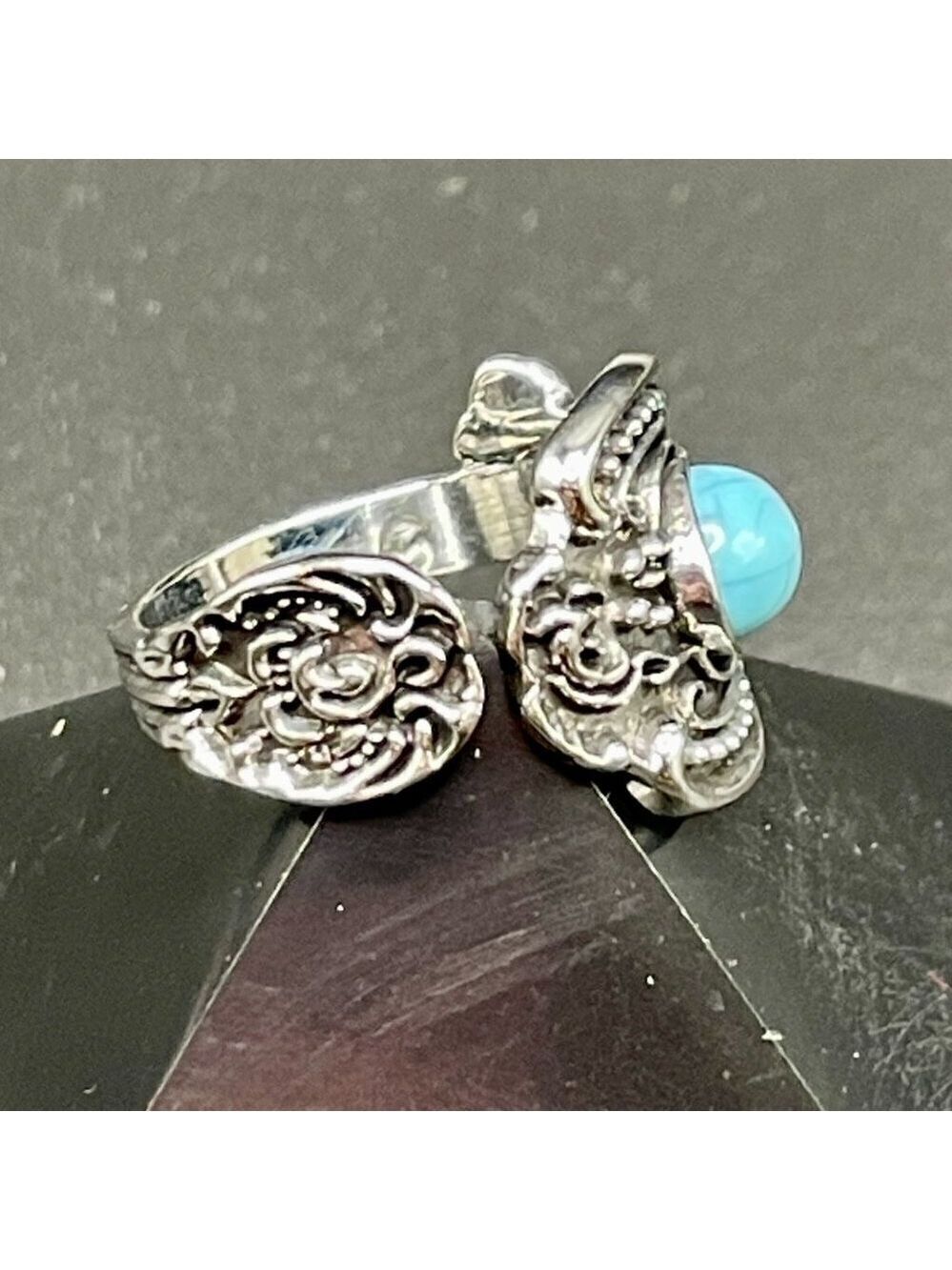 Boho Rose and Flowers with Faux Turquoise Adjustable Spoon Ring #1221 - Picture 9 of 16